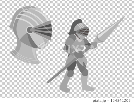 西方騎士身著盔甲的插圖（手持長矛和頭盔站立） 134841205