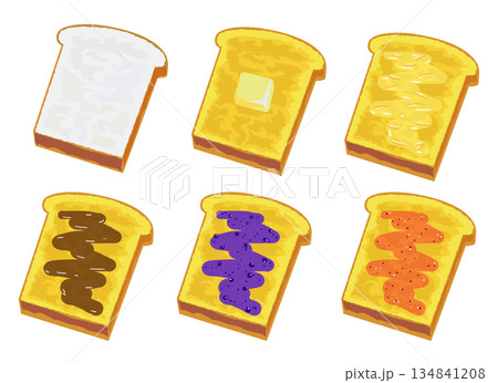 食パンと、ジャムやバターを塗ったトーストのセットのイラスト 134841208