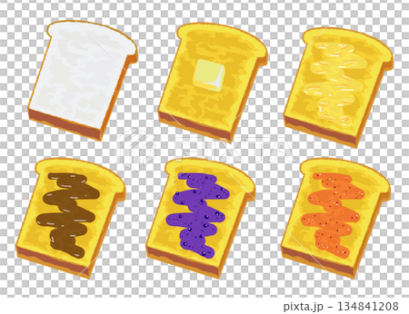 食パンと、ジャムやバターを塗ったトーストのセットのイラスト 134841208