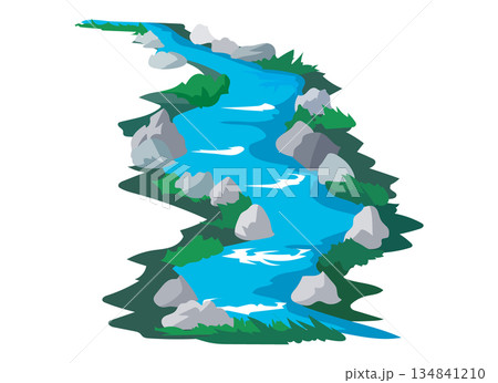 岩場や草地をぬって流れる川のイラスト 134841210