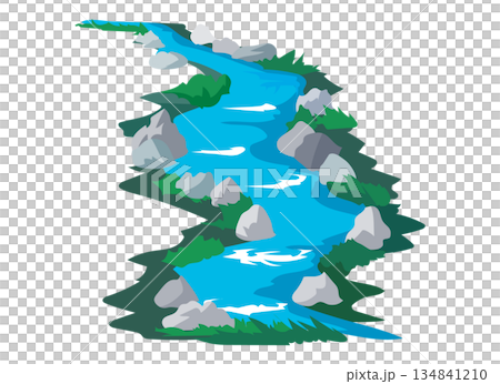 岩場や草地をぬって流れる川のイラスト 134841210