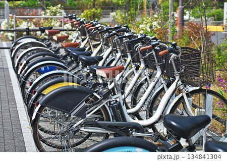 シェアサイクルポートに並んでいる沢山の自転車 134841304
