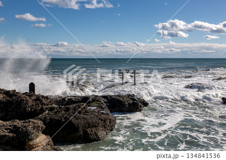 半逆光で荒波が輝く神磯の鳥居と白雲【茨城県大洗海岸】 134841536