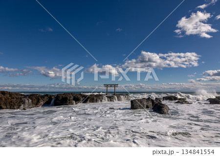 海岸から望む迫力ある神磯の鳥居と荒波【茨城県大洗海岸】 134841554