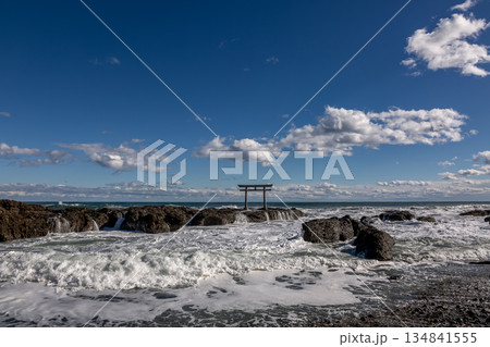 海岸から望む迫力ある神磯の鳥居と荒波【茨城県大洗海岸】 134841555