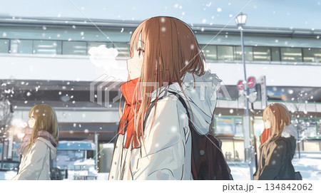 雪の駅前で白い息を吐くアニメ美少女　冬の通学風景イラスト 134842062