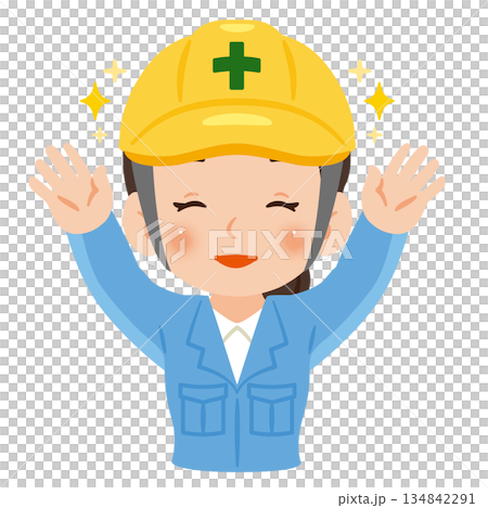 A smiling woman wearing work clothes and a helmet raising both hands in a cheer, upper body illustration A smiling woman wearing work clothes and a helmet raising both hands in a cheer, upper body illustration 134842291