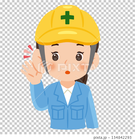 Woman wearing work clothes and a helmet eavesdropping, upper body illustration 134842293