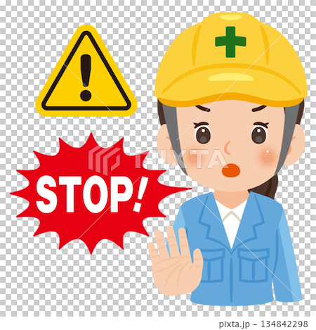 Illustration of a woman wearing work clothes and a helmet standing motionless with her hands raised 134842298