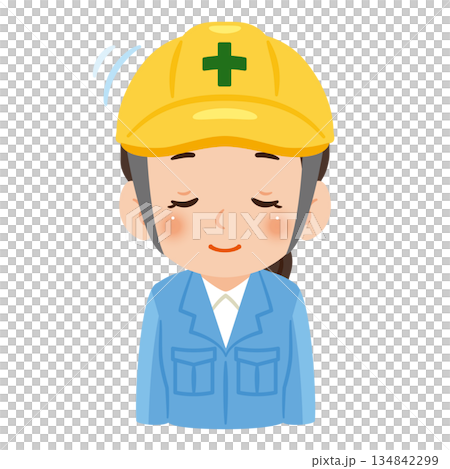 A woman wearing work clothes and a helmet bowing. Upper body illustration A woman wearing work clothes and a helmet bowing. Upper body illustration 134842299
