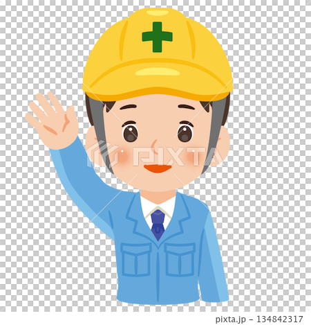 Illustration of a man wearing work clothes and a helmet with one hand raised high, upper body Illustration of a man wearing work clothes and a helmet with one hand raised high, upper body 134842317
