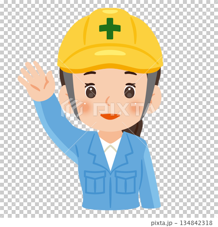 身穿工作服、頭戴安全帽、高舉一隻手的女性——上半身插圖 身穿工作服、頭戴安全帽、高舉一隻手的女性——上半身插圖 134842318