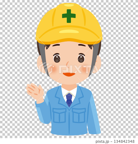 Illustration of a man wearing work clothes and a helmet to guide people 134842348