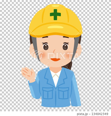案内する作業服を着てヘルメットを被った女性 上半身イラスト 案内する作業服を着てヘルメットを被った女性 上半身イラスト 134842349