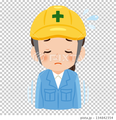 一位身穿工作服、頭戴安全帽的女子正在道歉——上半身插圖 134842354