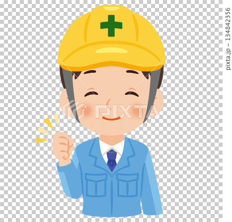 身穿工作服、頭戴頭盔的微笑男子上半身插圖 134842356