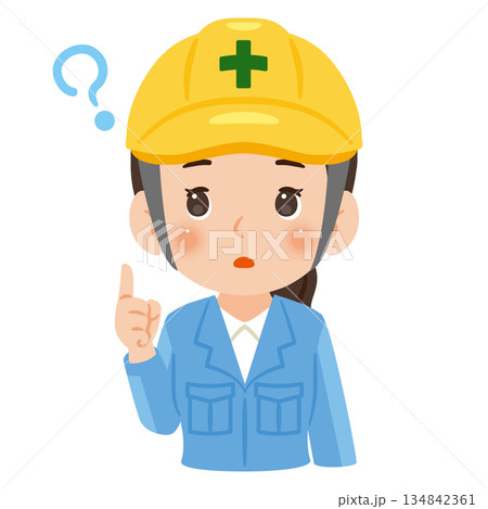 疑問を持つ作業服を着てヘルメットを被った女性　上半身イラスト 134842361