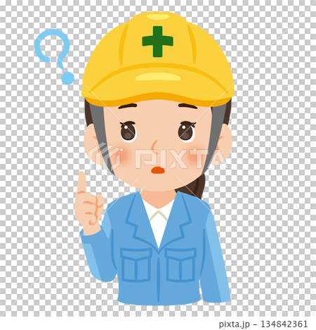 疑問を持つ作業服を着てヘルメットを被った女性　上半身イラスト 134842361