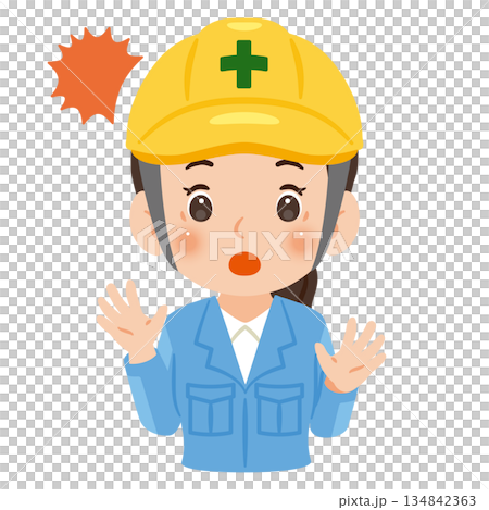 A surprised woman wearing work clothes and a helmet, upper body illustration A surprised woman wearing work clothes and a helmet, upper body illustration 134842363