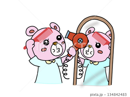 鏡の前でドライヤーをかけるクマ 134842483