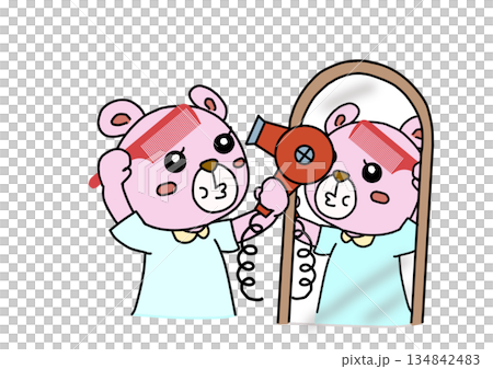 鏡の前でドライヤーをかけるクマ 134842483