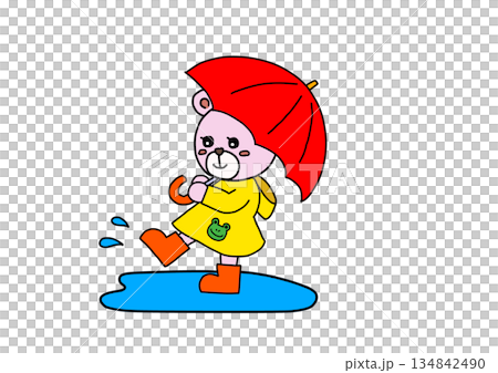 A bear playing in a puddle with an umbrella 134842490