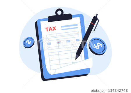 Illustration of Business Tax Form Document on Clipboard with Pen and Coins Illustration of Business Tax Form Document on Clipboard with Pen and Coins 134842748