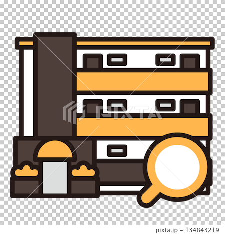 Simple apartment icon + magnifying glass 134843219