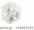 在宅ワークをする家族の暮らし 断面イラスト  文字スぺ－ス 134843545
