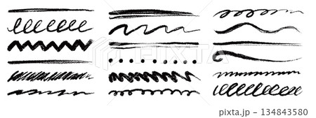 Hand drawn brush strokes and sketch marker underline set. Textured chalk pencil marks, crayon scribbles, scratch paint lines. Crayon grunge texture brush stroke highlight shapes. Vector Hand drawn brush strokes and sketch marker underline set. Textured chalk pencil marks, crayon scribbles, scratch paint lines. Crayon grunge texture brush stroke highlight shapes. Vector 134843580