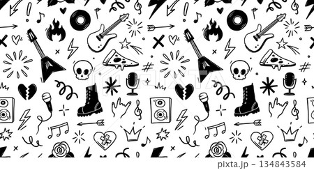 Rock music seamless pattern with guitar, skull, punk symbols. Hand drawn doodle grunge stickers featuring stars, roses and lightning bolts for rock music festival background. Vector 134843584