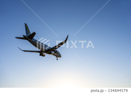 夕暮れの仙台空港　着陸中の飛行機　宮城県名取市 134844579