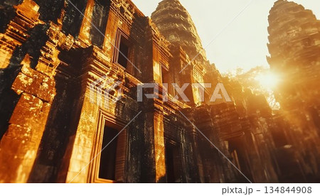 Ancient Temple Architecture Illuminated by Golden Sunlight, Dram 134844908