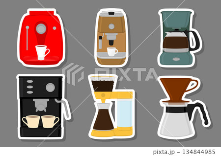 Illustration on theme big colored set different types coffee machine Illustration on theme big colored set different types coffee machine 134844985