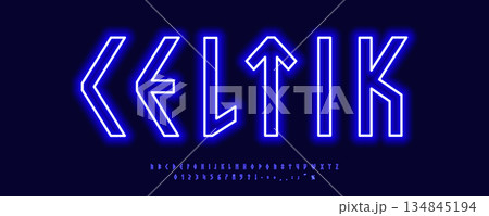 Nordic Neon Font Logo Alphabet Vector Light Effect Letters Set Modern Typography, Celtic Glowing Typographic Design for Title Text, Scandinavian Poster Headline, Medieval Fonts. Vector Typeface 134845194