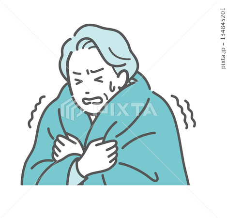 寒気でガタガタ震える高齢女性のイラスト 134845201