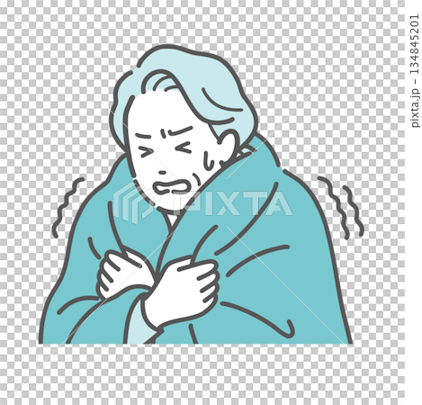 寒気でガタガタ震える高齢女性のイラスト 134845201