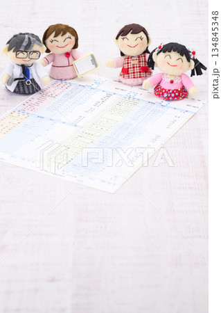 医師、看護師、母娘の人形と健康診断の結果の用紙 134845348