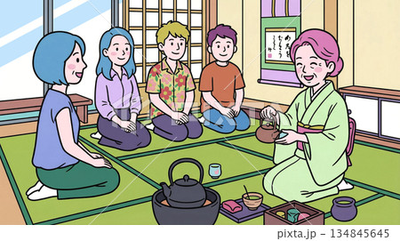 茶道を学ぶ主婦と若者 134845645