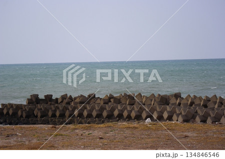 海岸とテトラポットの波除と青い海面の白波のある海と水平線と薄い青空の風景 134846546