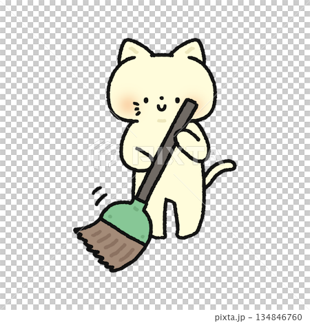 Cat cleaning with a broom Cat cleaning with a broom 134846760