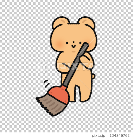箒で掃除するクマ 箒で掃除するクマ 134846762