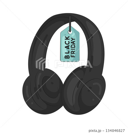 Illustration of headphone with black friday tag  134846827