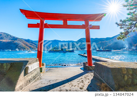 諸口神社　鳥居と駿河湾と富士山　「沼津市戸田」 134847024