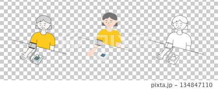 一位老年婦女在家中使用血壓計測量血壓的插圖 | 老年人健康管理 一位老年婦女在家中使用血壓計測量血壓的插圖 | 老年人健康管理 134847110