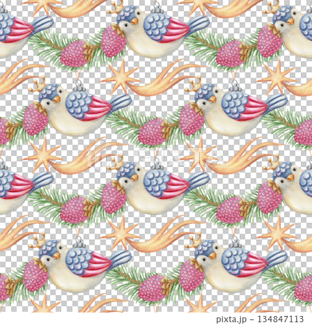 Bird with star Christmas tree ornaments seamless pattern. Hand drawn watercolor spruce branch on white background creates a winter mood. Perfect for traditional textile design. Great for wrap paper. Bird with star Christmas tree ornaments seamless pattern. Hand drawn watercolor spruce branch on white background creates a winter mood. Perfect for traditional textile design. Great for wrap paper. 134847113
