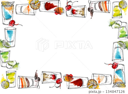 B-52, Brain hemorrhage, Flatliner, Appletini, Kamikaze. Rainbow border frame of colorful shooters. Ink shot glasses outlines on watercolor splashes hand drawn for summer menu design, recipe layouts B-52, Brain hemorrhage, Flatliner, Appletini, Kamikaze. Rainbow border frame of colorful shooters. Ink shot glasses outlines on watercolor splashes hand drawn for summer menu design, recipe layouts 134847126