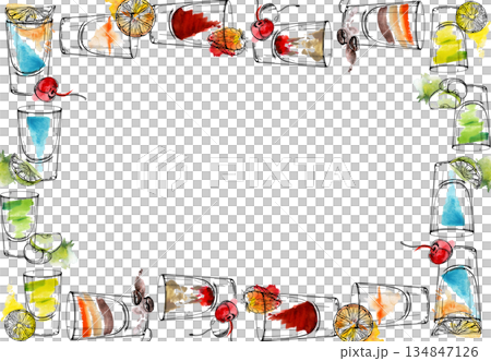 B-52, Brain hemorrhage, Flatliner, Appletini, Kamikaze. Rainbow border frame of colorful shooters. Ink shot glasses outlines on watercolor splashes hand drawn for summer menu design, recipe layouts B-52, Brain hemorrhage, Flatliner, Appletini, Kamikaze. Rainbow border frame of colorful shooters. Ink shot glasses outlines on watercolor splashes hand drawn for summer menu design, recipe layouts 134847126