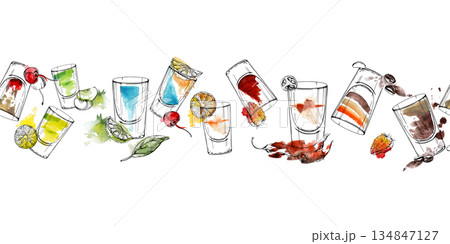 Blue Kamikaze, Flatliner, B-52, espresso coffee or dark beer, appletini and lemon shot. Seamless watercolor and ink banner of drinks hand drawn for nightclub menu headers, wrapping strips, or invites. Blue Kamikaze, Flatliner, B-52, espresso coffee or dark beer, appletini and lemon shot. Seamless watercolor and ink banner of drinks hand drawn for nightclub menu headers, wrapping strips, or invites. 134847127
