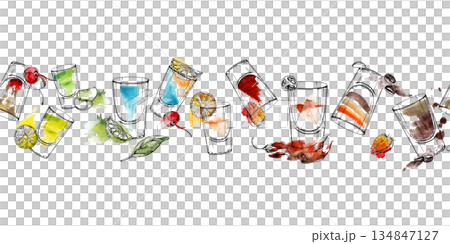 Blue Kamikaze, Flatliner, B-52, espresso coffee or dark beer, appletini and lemon shot. Seamless watercolor and ink banner of drinks hand drawn for nightclub menu headers, wrapping strips, or invites. 134847127